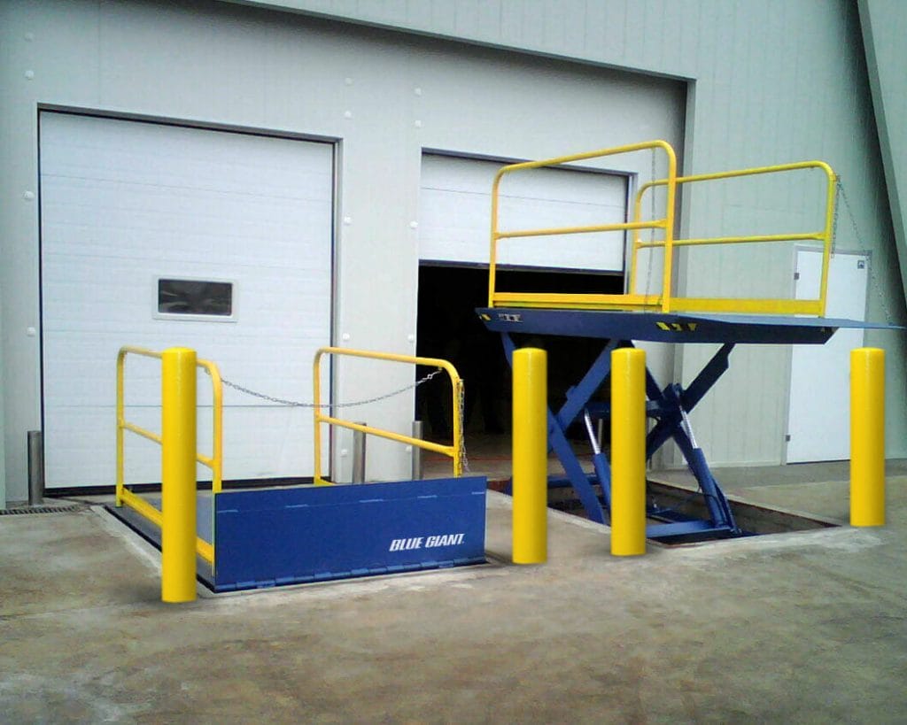 Two Loading Dock lifts installed side by side with overhead doors in the background.
