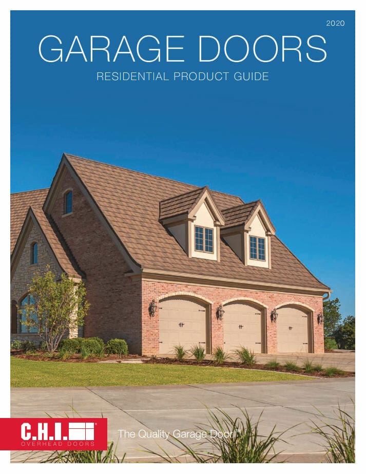 The Title page of the residential garage door product guide. It a brick house with three garage doors featured on the front.