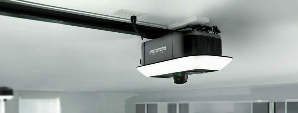 A liftmaster opener installed on the ceiling.